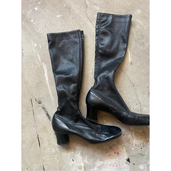 None Shoes - Vintage Black Leather Boots, 60s, Front Zip Boots, Mod, Calf,
